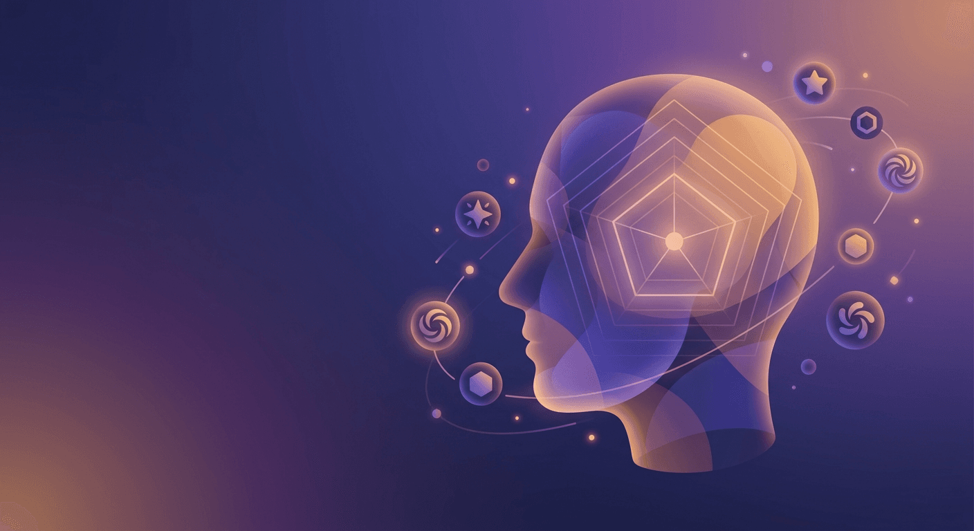 An illustrated profile of a mind mapped across personality frameworks